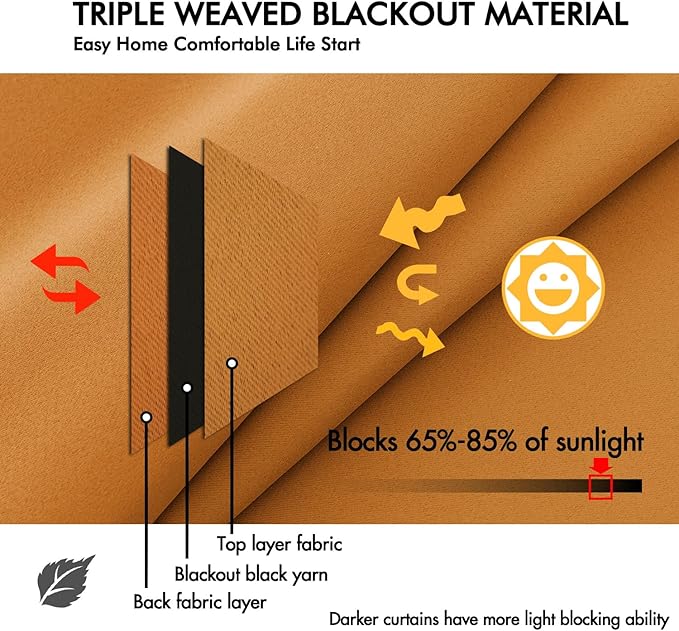 ANRODUO Back Tab Blackout Curtains for Bedroom Living Room, Rod Pocket Pinch Pleated Thermal Insulated Room Darkening Curtains 63 Inches Long 2 Panels, Mustard Yellow, 42 x 63 Inch