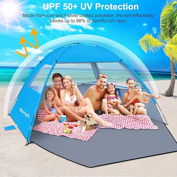 Gorich Beach Tent Sun Shelter for 3/4-5/6-7/8-10 Person with UPF 50＋ UV Protection, Lightweight & Easy Setup Beach Shade Canopy, Portable Beach Shade Tent Beach Cabana