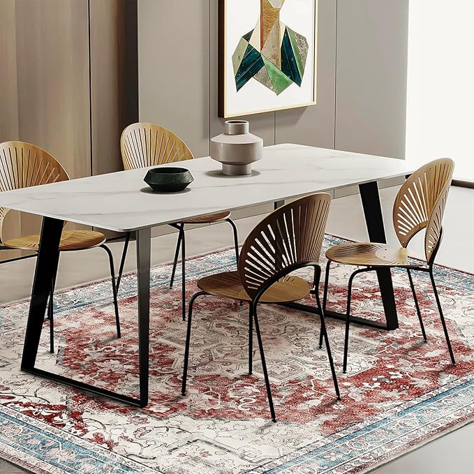 Area Rug 6'x9' Washable Red Blue Rug Vintage Traditional Floor Cover Retro Kitchen Indoor Distressed Non Slip Carpet Floral Print Mat Living Room Bedroom Dining Room