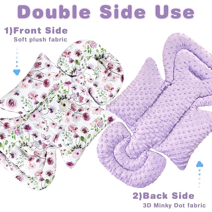 3-in-1 Infant Car Seat Insert, Soft Head and Body Support,Ultra & Strap Covers Set, Reversible Newborn Car Seat Cushion Pad for Baby Boy & Girl fits Stroller, Swing, Bouncer (Purple Flowers)