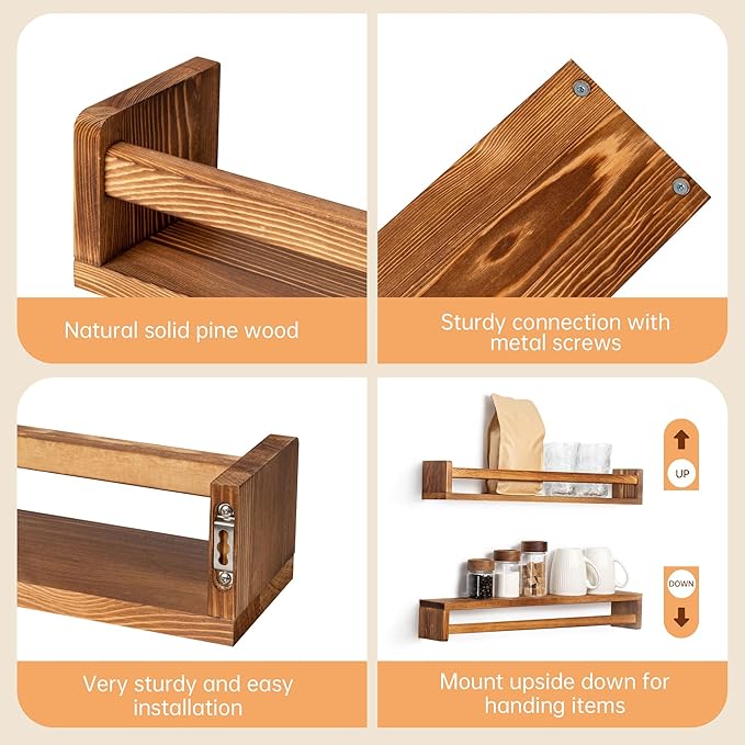 Fun Memories Nursery Book Shelves - Rustic Natural Solid Wood Floating Bookshelf for Kids - Wall Book Shelves for Kids Room (Carbonized, 24inch - 4P)