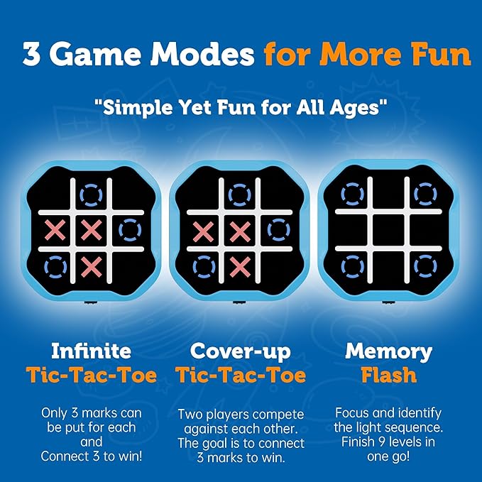 3 in 1 Electronic Tic Tac Toe Game, Handheld Digital Tic Tac Toe Bolt Game with Silent Mode, Portable Learing Toy Gift for Kids & Adults, Blue (One Pack)