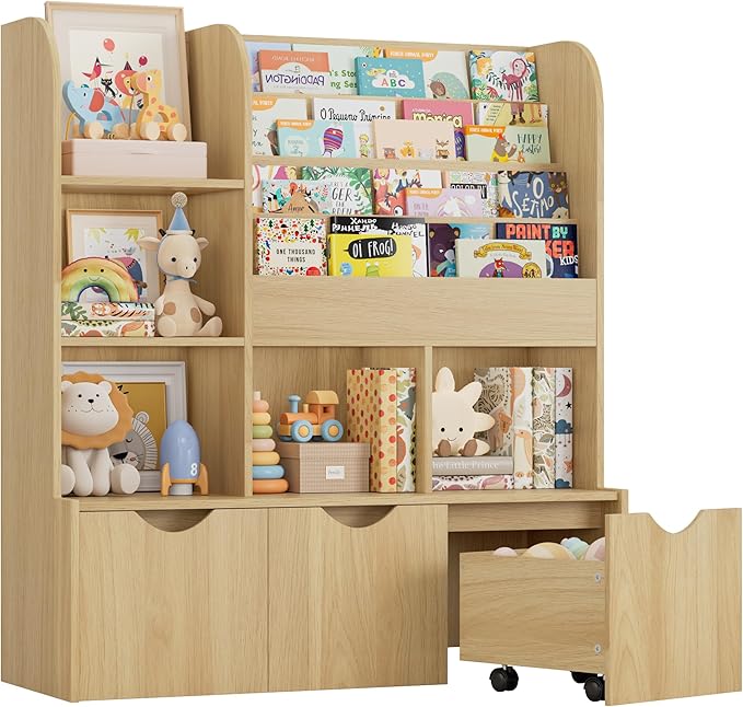 FOTOSOK 47'' Kids Bookshelf with Toy Storage, Multifunctional Bookcase with 5 Storage Cubbies and 3 Movable Drawers, Toy Storager Display Stand, Toy Organizer and Storage for Playroom,Bedroom, Natural