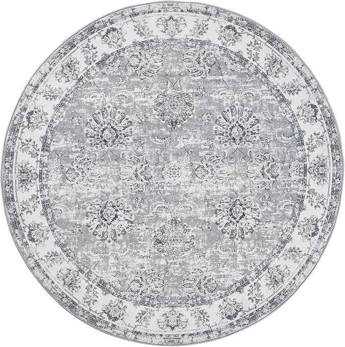 jinchan Round Rug 4ft Area Rug - Indoor Vintage Hallway Circle 4' Washable - Ultra-Thin Low Pile Soft Small Non Slip Distressed Floral Print for Living Room Dining Room Bedroom Entryway Grey