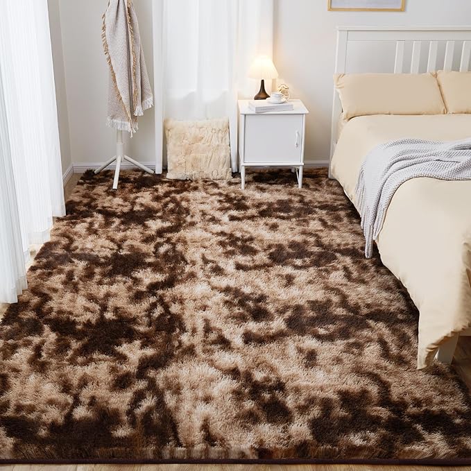 Fluffy Shag Area Rug, 3x5 Tie-Dyed Brown Rugs for Bedroom, Soft Plush Area Rugs for Living Room, Non-Slip Indoor Carpet for Nursery, Study Room, Dressing Room, Home Decor