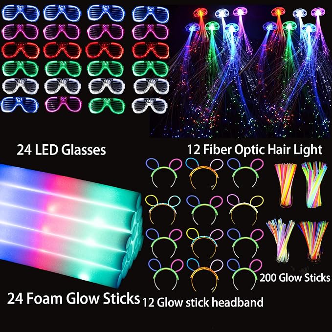 272 PCs Glow Party Supplies, 24 Foam Glow Sticks, 24 LED Glasses and 200 Glow Sticks ＆ Bracelets, 12 Glow sticks headband 12 Fiber Optic Hair Light，Glow Neon Party Favors for Wedding, Concert, Raves