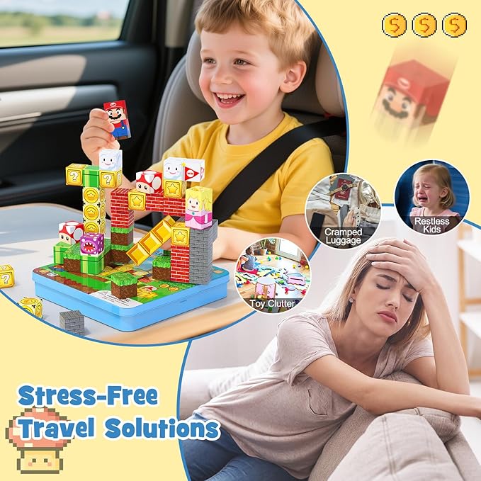 49PCS Mini Magnetic Tiles Travel Toys for Kids Ages 4-8, Magnetic Building Blocks Adventure Set with Portable Iron Storage Box & Play Base, STEM Learning Activities for Toddlers 3-5