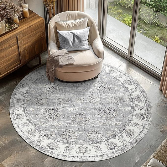 jinchan Round Rug 4ft Area Rugs Vintage Floral Distressed Design - Machine Washable Non-Slip Low-Pile Ultra-Thin Circle Rug for Entryway Bedside Living Room Dining Room Bedroom (4' Round,Grey)