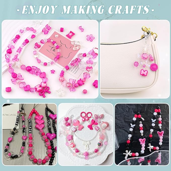 Assorted 170-230PCS Rose Pink Acrylic Beads for Bracelet Making, Flower Bow Butterfly GummyBear Aesthetic Bracelet Charms,Cute Beads for Jewelry Making DIY Necklace Keychain Phone Charm