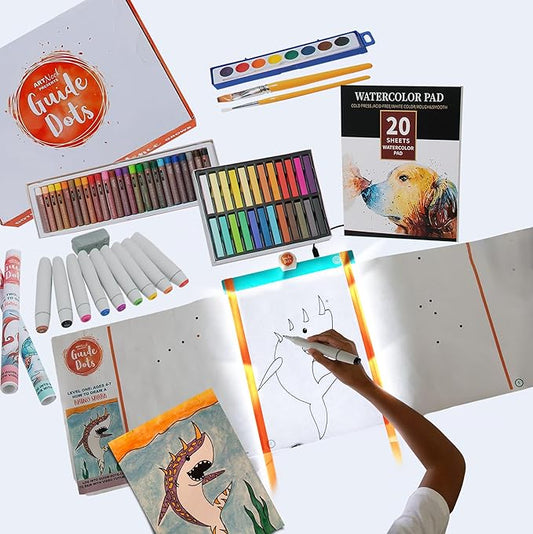 Guide Dots Kid's Art Confidence Kit with Light Up Bright Board – Drawing & Painting Kit – Video Instructions – Art Supplies, Markers, Chalk Pastels, Watercolors – Gift For Boys, Girls, Teens – Ages 8+