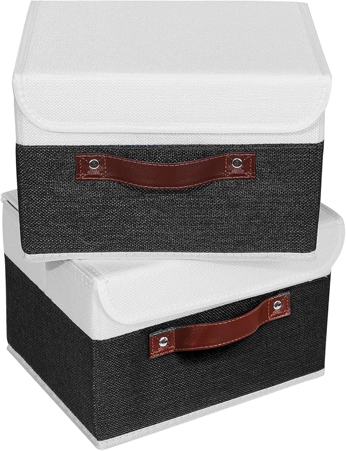 ANMINY 2PCS Storage Boxes with Lid Washable Decorative Storage Bins Basket with PU Leather Handle Foldable Linen Fabric Storage Cubes Containers for Home Closet Organizer - Black White, Small Size