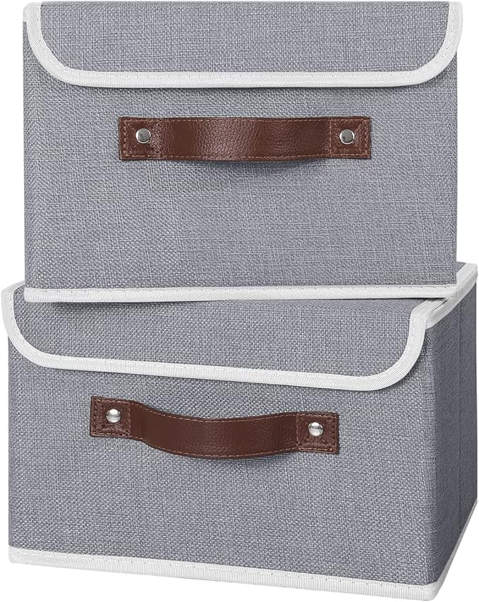 ANMINY 4PCS Storage Bins with Lid PU Leather Handles Storage Boxes PP Plastic Board Decorative Foldable Lidded Cotton Linen Fabric Home Cubes Baskets Closet Organizer Containers - Gray, Small Size