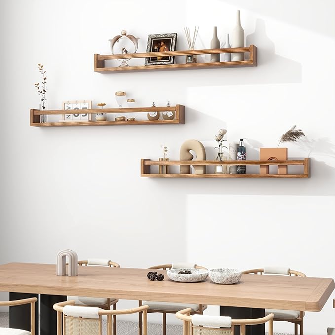 Fun Memories Nursery Book Shelves - Rustic Natural Solid Wood Floating Bookshelf for Kids - Wall Book Shelves for Kids Room (Carbonized, 32inch - 2P)