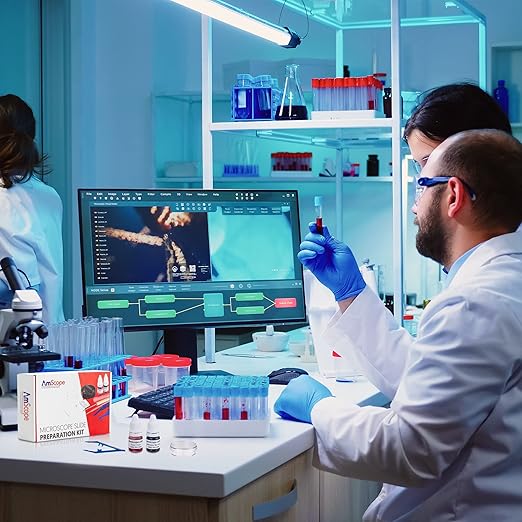 AmScope Microscope Slide Preparation Kit - Includes Blank Microscope Slides, Eosin Red & Methylene Blue Stain Powders, Tweezers, Swab & More - 22-Piece Kit