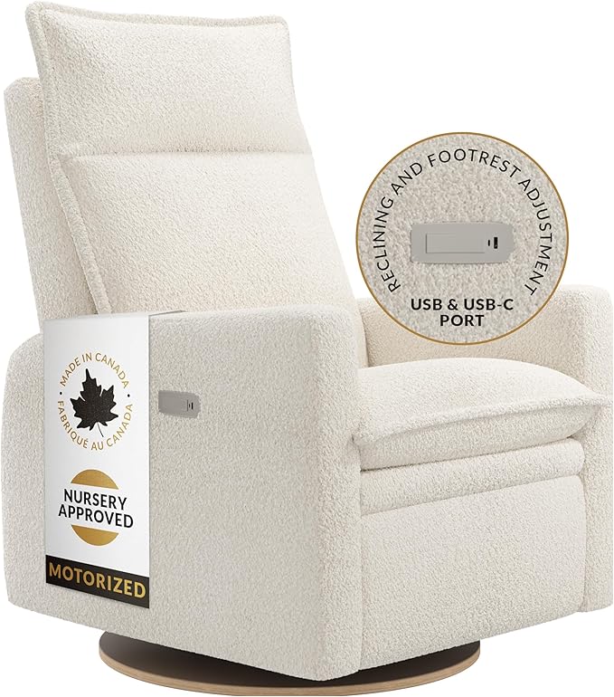 Arya Modern Nursery Chair Glider Recliner with 180° Swivel - Cozy Motorized Reclining Nursing Chair with USB Ports, Gentle Motion, Ergonomic Design, Canadian-Made (Pearl/Puppy Fabric)