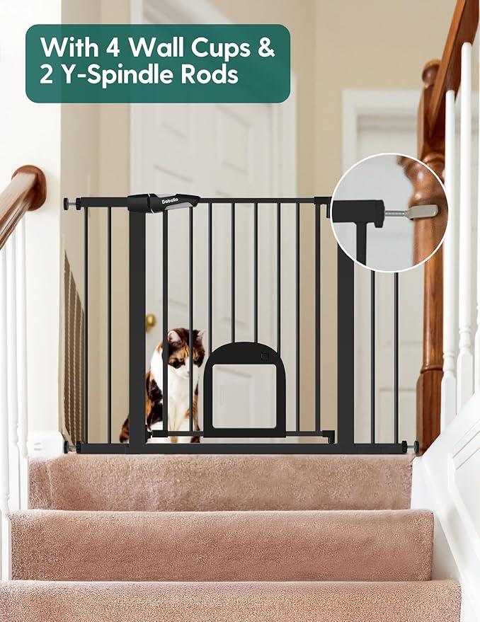 Babelio Upgraded Baby Gate with Cat Door, 29-43" Auto Close Durable Dog Gate for Stairs, Doorways and House, Easy Walk Thru Safety Gate with Pet Door Includes 4 Wall Cups, Black