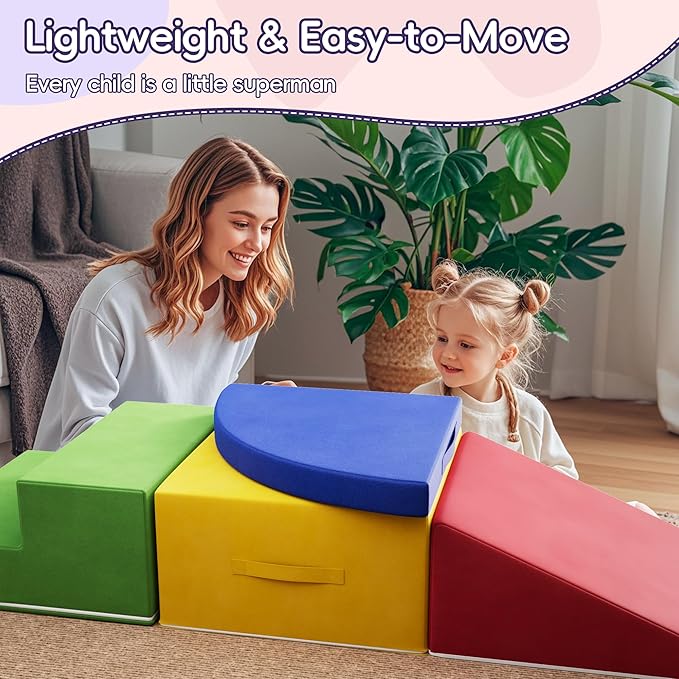 4 Piece Foam Climbing Blocks for Toddlers, Baby Climbing Gym with Ultra High Density Foam for Crawling and Sliding, Indoor Soft Play Set for Infant, Babies & Kids - Multicolor (Multicolor B, 4-Piece)
