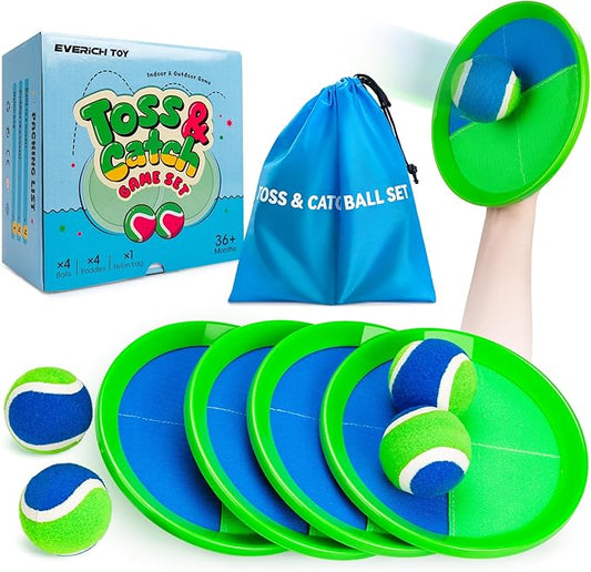 EVERICH Upgraded Toss and Catch Ball Game Set - Indoor and Outdoor Games for Kids 3-12, Beach Sand Pool Water Toy Includes 4 Paddles 4 Sticky Balls, Great Birthday Easter Gifts for Boys Girls