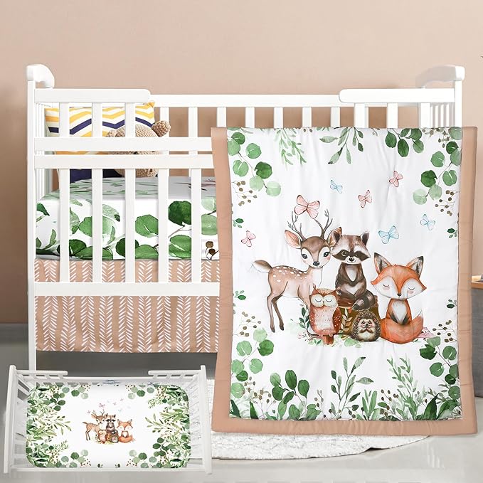 3 Pcs Baby Crib Bedding Set Safari Animals Dinosaurs Bear Woodland Animals Jungle Crib Set Includes Quilt, Fitted Sheet, Skirt for Baby Boy Girl(Green,Woodland Raccoons Deer Etc.)