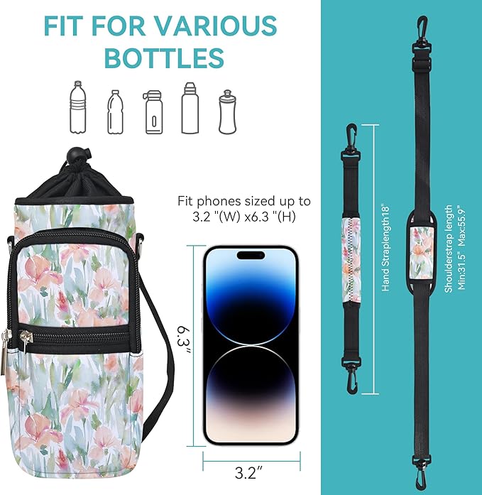 25/32/40/64oz Water Bottle Bag Holder Carrier-Insulated Crossbody Sling Case Sleeve with Strap & Pockets for Men Women Gym Cycling Travel Walking Hiking Camping