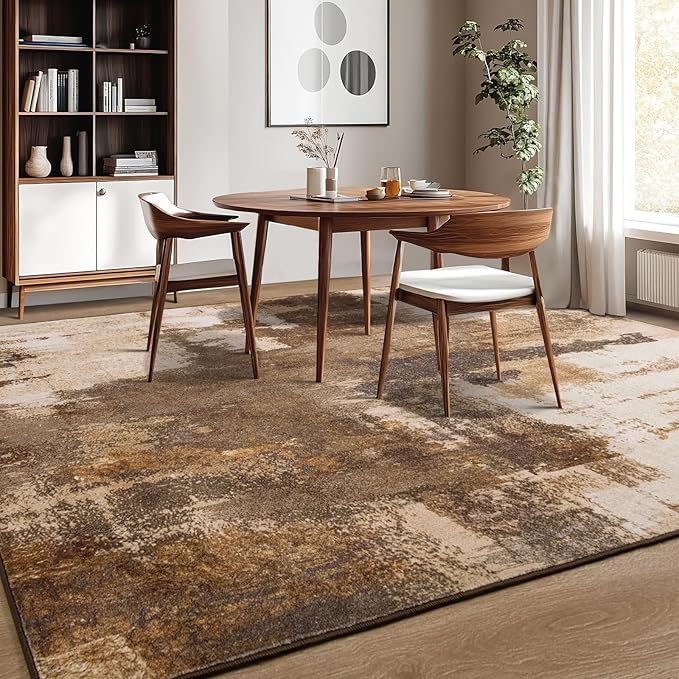 Kelarea Living Room Rug, 9x12 Rug Modern Abstract Washable Rugs, Brown Vintage Low Pile Carpet, Non Slip Large Rugs for Bedroom, Dining Room, College Dorm, Home Office