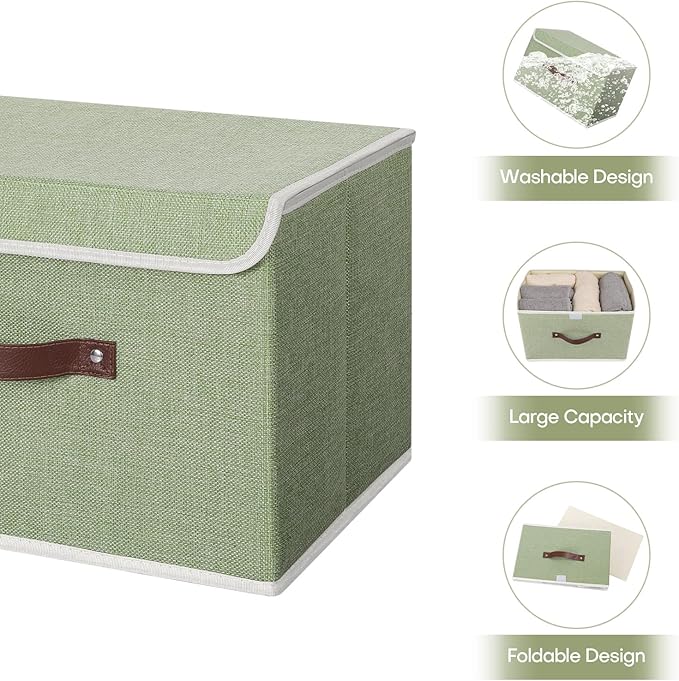 ANMINY 2PCS Storage Bins with Lid PU Leather Handles Storage Boxes PP Plastic Board Decorative Foldable Lidded Cotton Linen Fabric Home Cubes Baskets Closet Organizer Containers - Green, Large Size