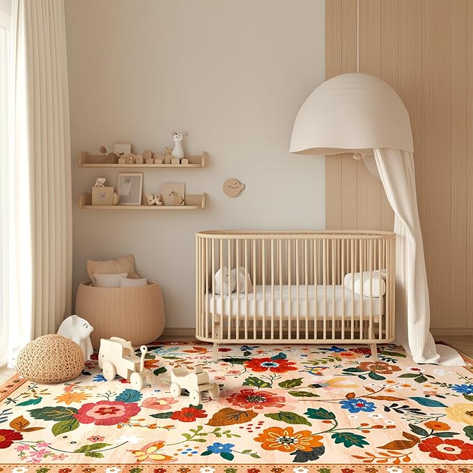 Floral 6x9 Area Rug Machine Washable Soft Print Boho Carpet Non Slip Doormat Low Pile Flower Area Rugs for Living Room Bedroom Nursery Kitchen Dining Room Indoor-Light Orange