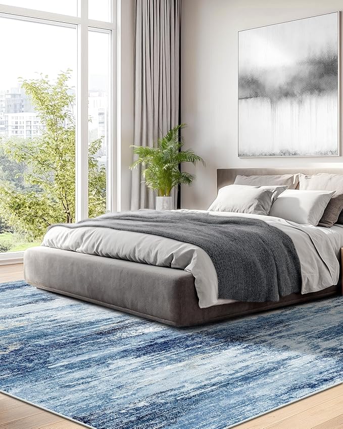 Amada 9x12 Large Area Rug, Modern Abstract Living Room Rug with Non-Slip Backing & Short Pile, Washable Rug with Abstract Pattern for Living Room, Bedroom and Dinning Room, Blue