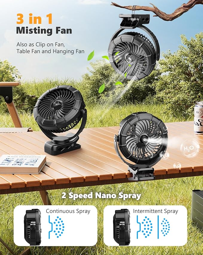 Ausic 3-in-1 Portable Clip on Fan with Misting & LED Lights & Hook, 100ML Baby Stroller Fan, 5200mAh Rechargeable Battery Operated & 360° Rotation & 3 Speeds for Table Outdoor Travel Camp Golf Cart