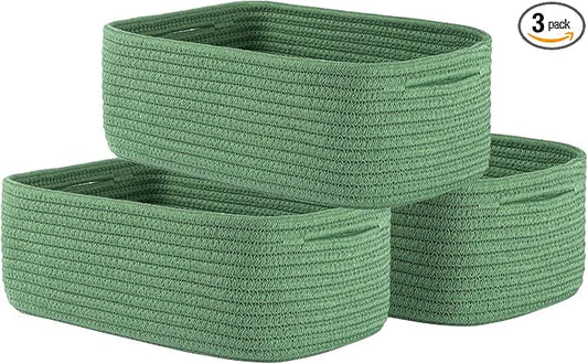 KALLAX Small Woven Basket, 12 x 8 x 4.5 Inches, Storage Basket for Organizing, Cute Small Rope Shelf Closet Cube Storage Bins Baskets for Shelves, Dog Toy Gift Baskets Empty, 3 Packs, Green