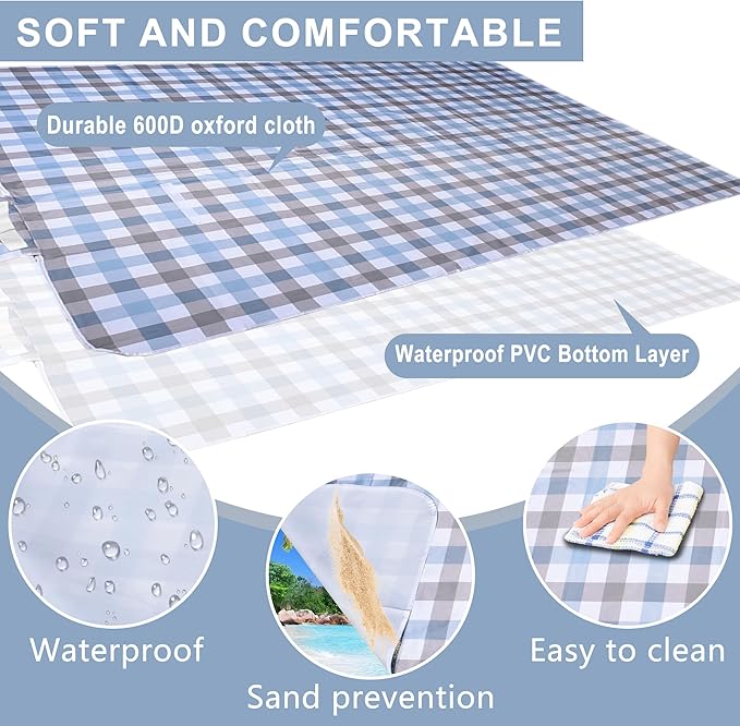 80"x60" Waterproof Sandproof Picnic Mat - Portable Foldable Outdoor Blanket for Beach, Park, Travel & Indoor Use - Lightweight Compact Design, Easy-Carry (Blue&Gray)