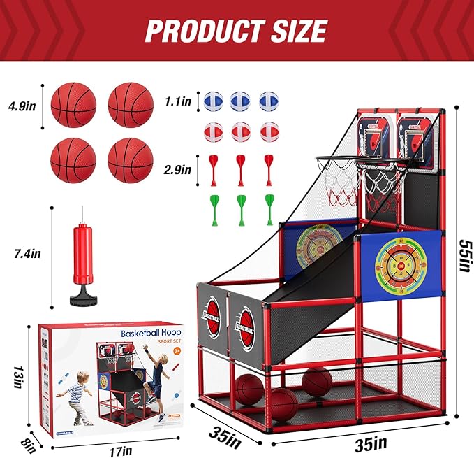 2 in 1 Dual Shot Basketball Arcade Game with 2 Dart Boards/Electronic Scoreboard/LED Light, Kids Basketball Hoop for Home Indoor Outdoor, Sport Toys Gifts for Boys Girls