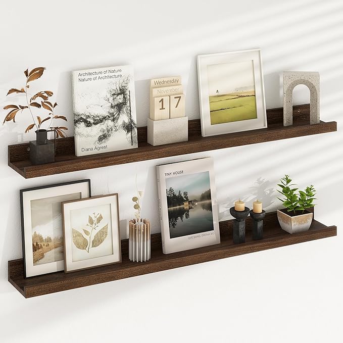 Fun Memories Picture Ledge Shelf, 36 Inch Floating Shelves for Wall, Nursery Bookshelf for Storage, Rustic Elm Wood Photo Ledge Shelves for Bedroom, Living Room, Kitchen (Walnut, 36in Set of 2)