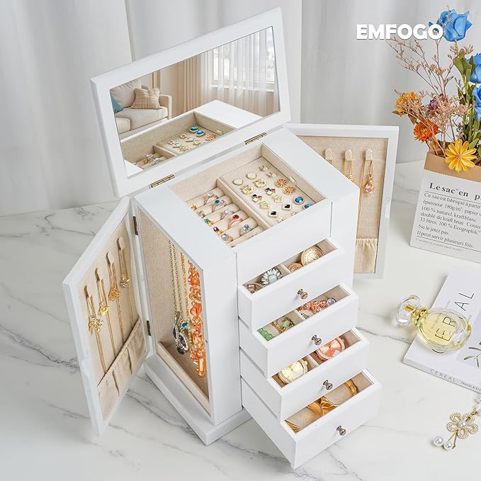Jewelry Box for Women, 5 Layer Large Wood Jewelry Boxes & Organizers for Necklaces Earrings Rings Bracelets, Rustic Jewelry Organizer Box with Drawers and Mirror (Vintage White)