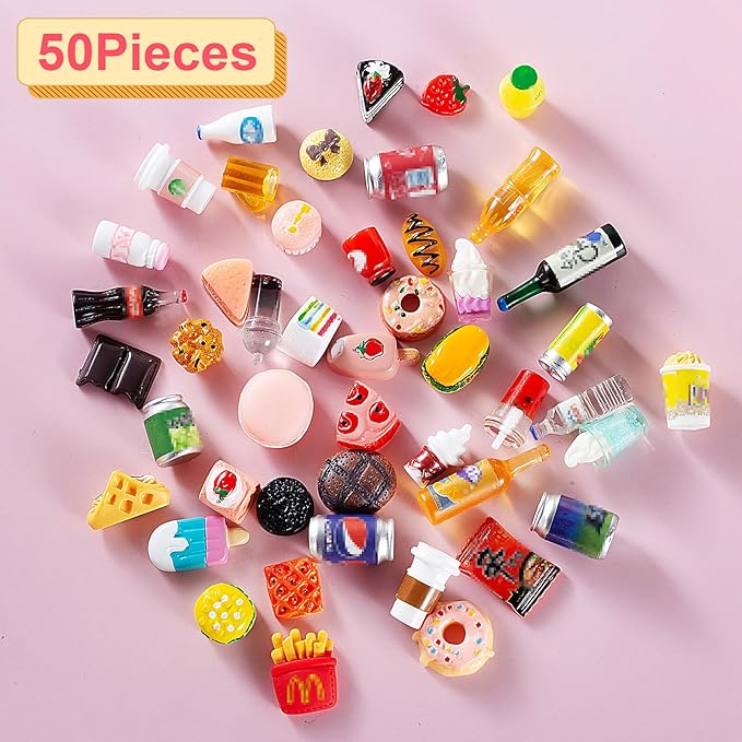 50 Pcs Miniature Food Drink Bottles Soda Pop Cans Pretend Play Kitchen Game Party Accessories Toys Hamburg Cake Ice Cream for 1/12 Doll House (25Food+25Drink)