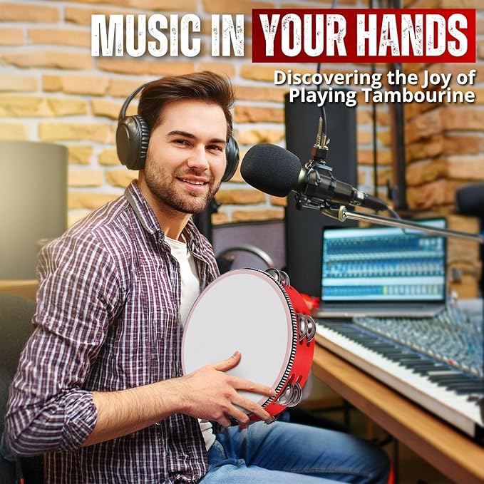 Flexzion Wood Handheld Tambourine (2 Pack) 8 Inch Double Row 12 Pair Jingles, Hand Held Percussion Drum Moon Musical Instrument with Metal Bell