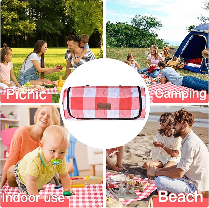HX&OD Outdoor Picnic Blanket, Extra Large, 80''x60'' Waterproof Foldable Blankets Gingham Picnic Mat for Beach, Camping Grass Lawn Park Accessories Cute Couple Ideas Wedding (Red, 80”x60”)