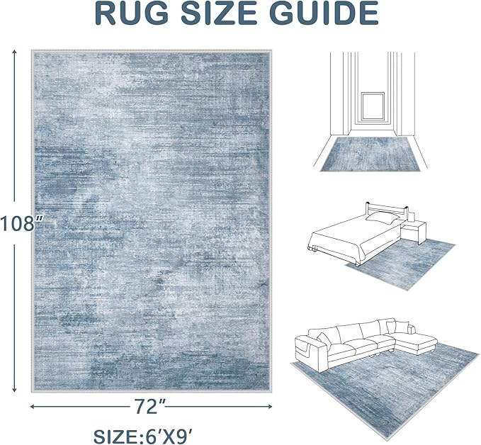 Area Rugs 6x9 Living Room: Washable Rug Modern Abstract Large Rugs Soft Non Slip Neutral Rug Stain Resistant Indoor Carpet for Bedroom Kitchen Dining Room Table Nursery Home Office Rugs(Blue,6'x9')