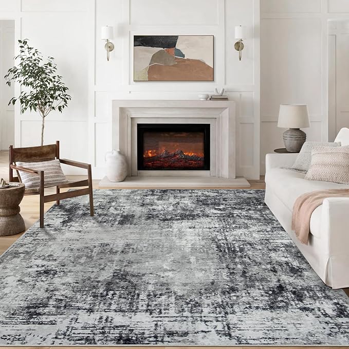 8x10 Area Rugs for Living Room Rug Washable: Modern Large Rug for Dining Room Bedroom Carpet Non Slip 8 by 10 Indoor Abstract Nursery Home Office Black Grey