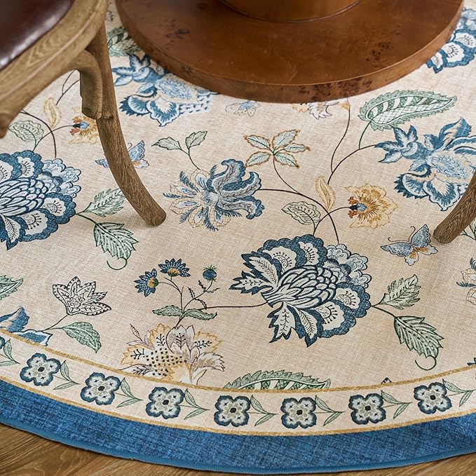jinchan 6ft Floral Round Rug for Dining Room Washable Living Room Rug Vintage Romance Design Non Slip Indoor Floor Cover Lightweight Low-Profile Throw Carpet for Bedroom Porch Patio, Blue/Beige