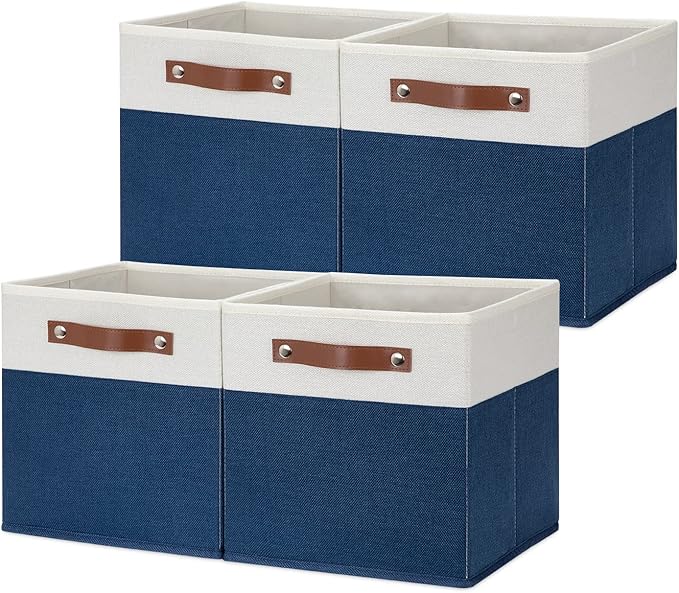 HNZIGE Cube Storage Bins Basket for Shelves Set of 4, Fabric Storage Cubes Baskets Closet Storage Bins for Cube with Handles, Cubby Storage Bins Baskets for Organizing Home and Office (White Blue)