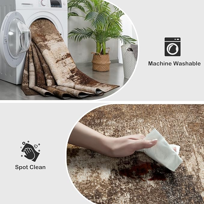 Kelarea Living Room Rug, 6x9 Rug Modern Abstract Washable Rugs Brown Faux Wool Vintage Carpets, Non Slip Rug for Bedroom, Dining Room, College Dorm, Kids Playroom, Home Office