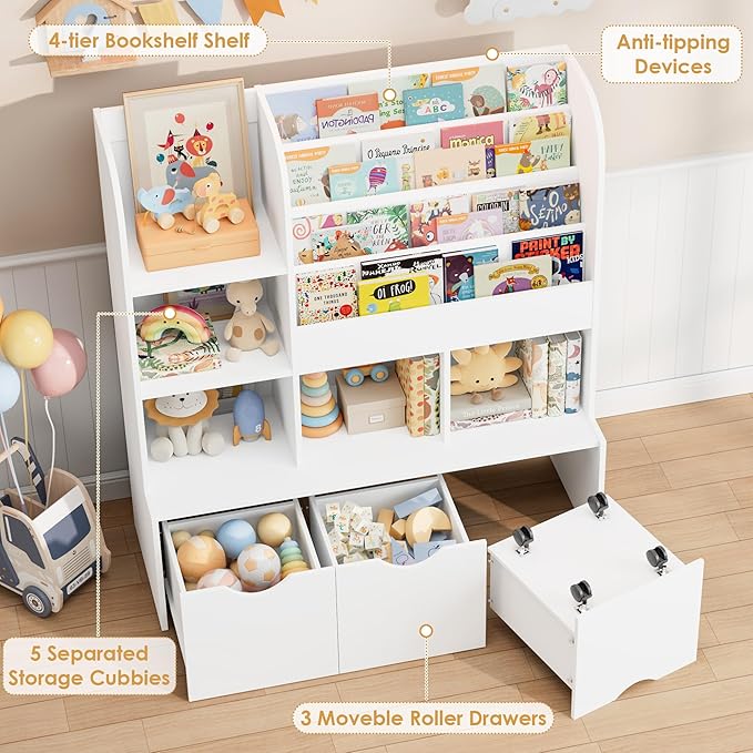 FOTOSOK 47'' Kids Bookcase and Bookshelf, Multifunctional Bookcase with 5 Storage Cubbies and 3 Movable Drawers, Toy Storager Display Stand, Toy Storage Organizer for Bedroom, Playroom, Hallway, White
