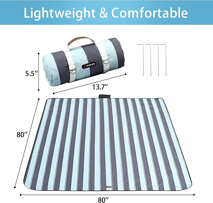 HX&OD Outdoor Picnic Blanket Extra Large, 80''*80'' Waterproof Picnic Mat with Stakes Foldable Camping Blanket Portable with Carry Strap for Beach Mat (Grey& Green, 80''*80'')