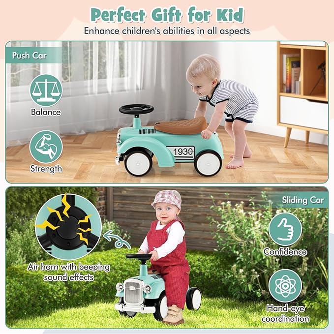 HONEY JOY Ride On Push Car, Outdoor Toddler Riding Toys w/Steering Wheel, Horn & Storage, Foot-to-Floor Sliding Car, No Batteries, Retro Baby Ride On Toys for Boys and Girls (Green)