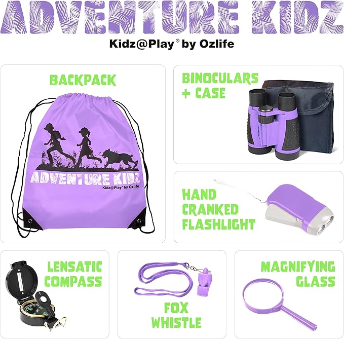 Adventure Kidz - Outdoor Exploration Kit, Children’s Toy Binoculars with Case, Flashlight, Compass, Fox Whistle, Magnifying Glass, Backpack. Great Kids Set for Camping, Hiking, STEM, Pretend Play.