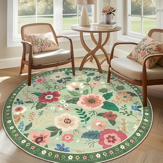 Floral 6ft Area Rug Machine Washable Soft Print Boho Carpet Non Slip Doormat Low Pile Flower Area Rugs for Living Room Bedroom Nursery Kitchen Dining Room Indoor-Light Green