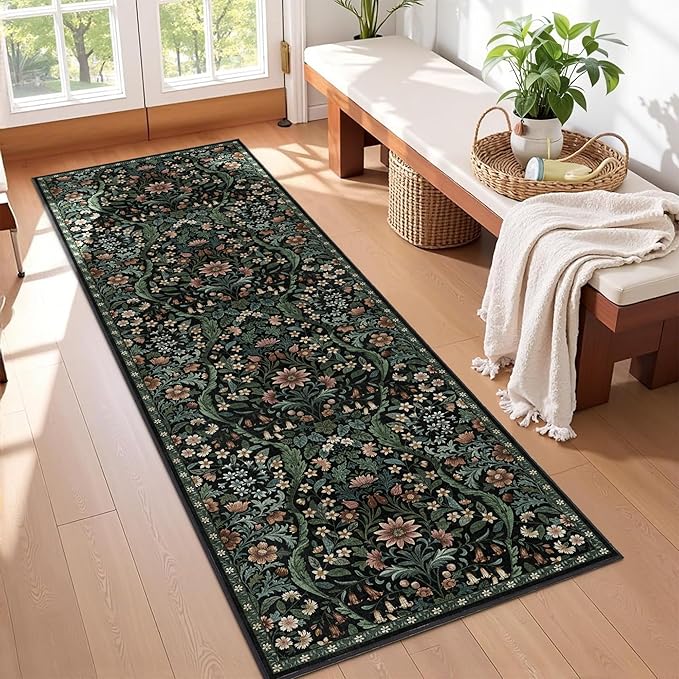 2x6 Washable Runner Rug,Black Floral Boho Area Rug for Hallway,Low-Pile Non-Slip Stain Resistant Carpet for Kitchen, Bedside,Laundry Room,Entryway
