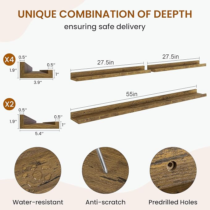 Axeman Picture Ledge Shelf, Floating Shelves for Wall Decor Set of 6, 55 inch Floating Wall Mounted Shelves, Shelves with Lip for Living Room, Bedroom, Nursery, Bathroom, Kitchen, Rustic Brown