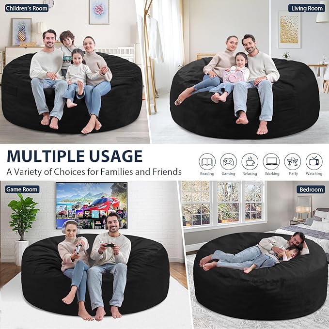6FT Bean Bag Chair, Large Bean Bag Chairs with Memory Foam Filled, Fluffy Beanbag Sofa with Dutch Velvet Cover, Round BeanBag Chairs for Living Room, Playroom - Black